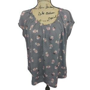 Lauren Conrad Gray and Pink Floral Cap Sleeve XL Blouse workwear tie back